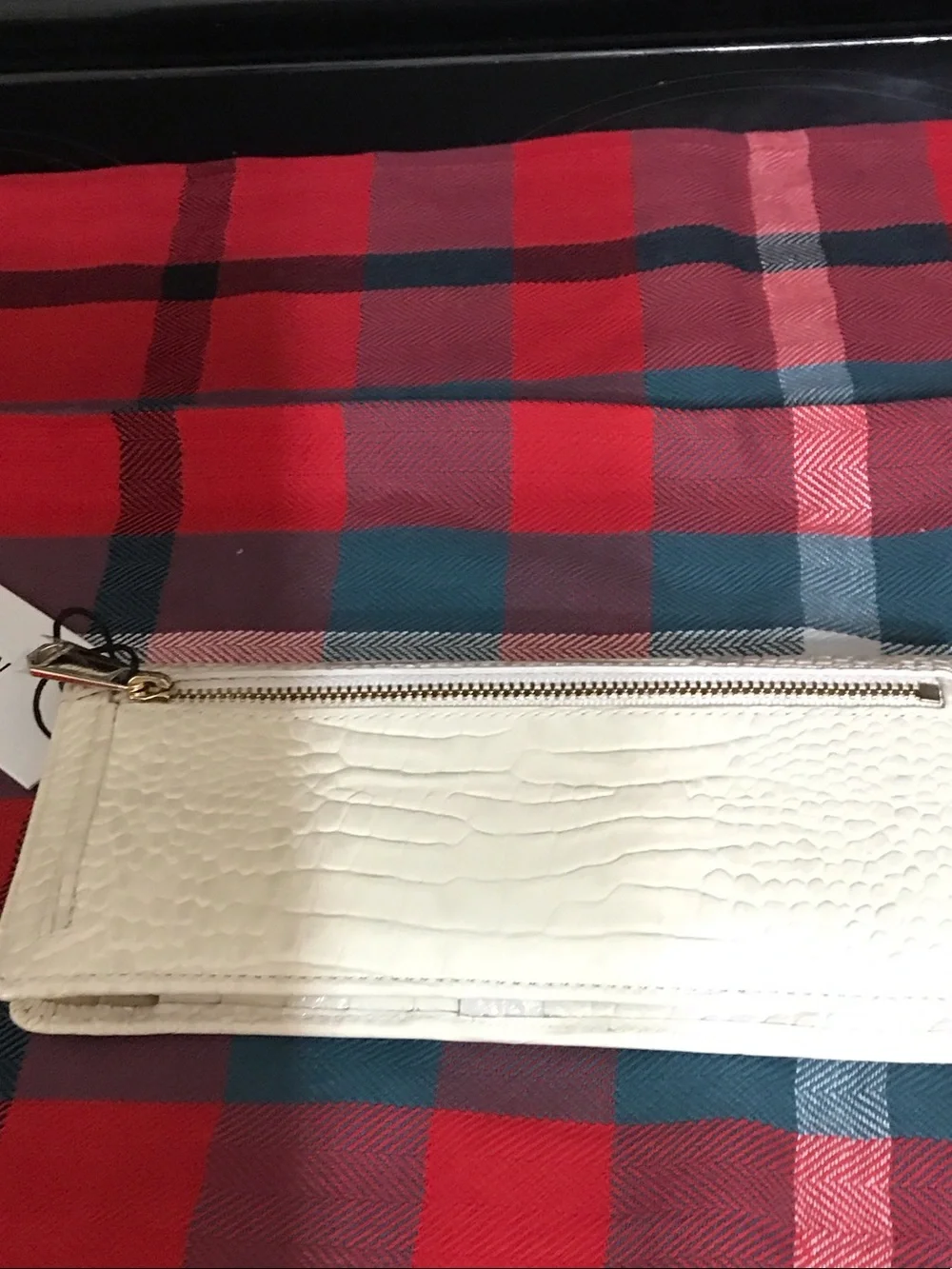 Brahmin White Croc-Embossed Foldover Clutch with Gold Plate